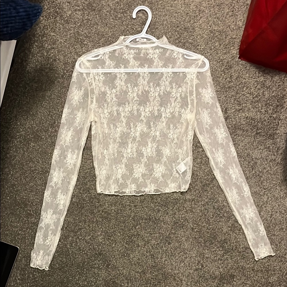 Garage Stretchy Lace Mesh White Long Sleeve Fitted Crop Top